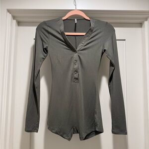 set active olive green button up long sleeve romper